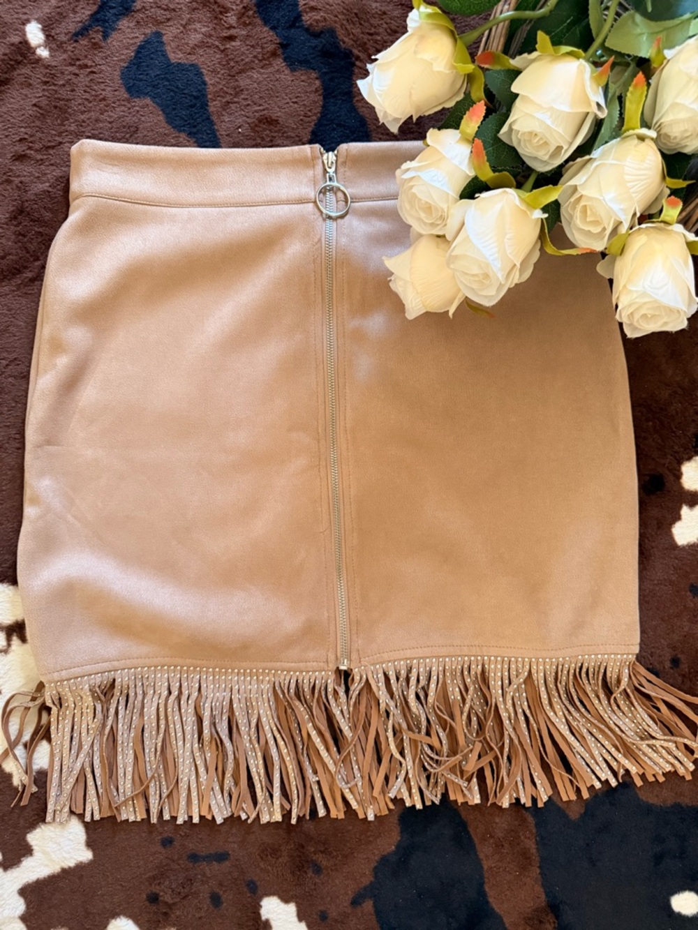 Alice Blue Tan Faux Suede Fringe Mini Skirt with Front Zip